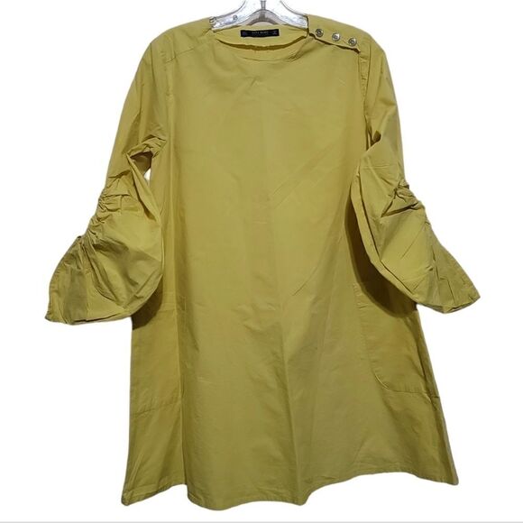 Zara Yellow Tunic Dress Shirt With Ruched Sleeves & Pockets Women's Size Small - Picture 1 of 9